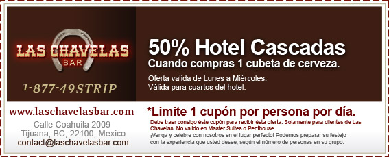 Coupon - 50% off Hotel Cascadas cuando compras 1 cubeta de cerveza.